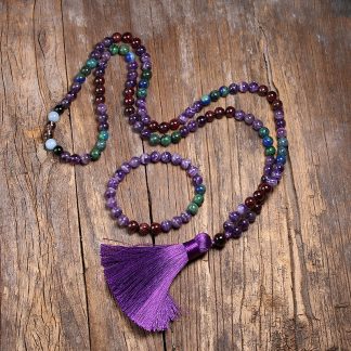 8mm Natural Garnet Amethyst Mala Quartz Beads Meditation 108 Mala Handmade Tassel Prayer Set