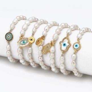 Lucky Eye Irregular Natural Pearl Beads Fatima Hand Blue Turkish Evil Eye Charm Bracelet