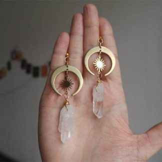 Golden Sun Crescent Earrings Clear Quartz Drop