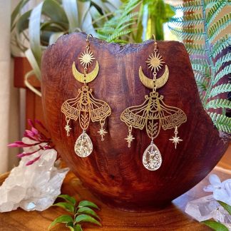 Crystal Drop Earrings, Gold Moth Earrings Moon Spiritual